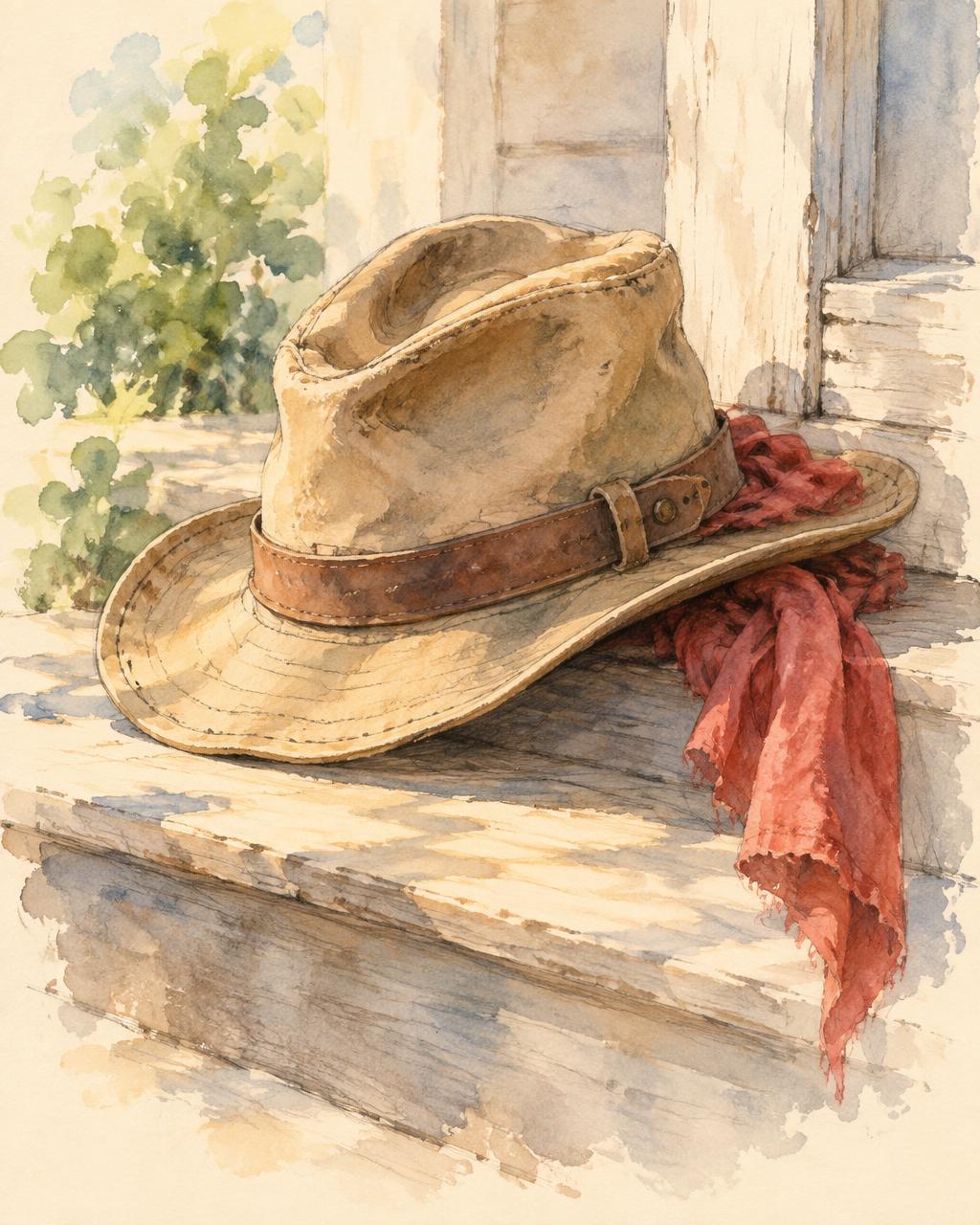 Watercolor portrait of the Adventure Hat, a well-worn canvas hat with a red scarf, resting on a porch step