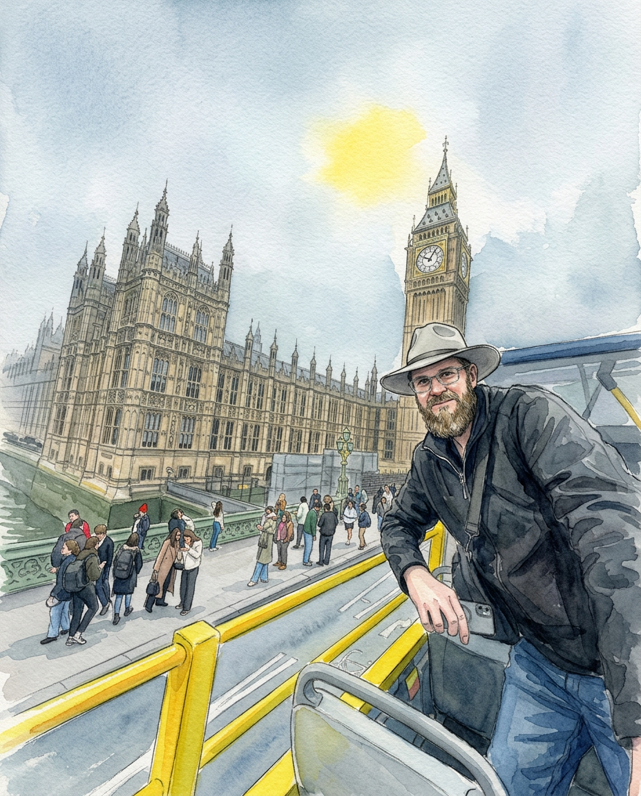 The bus-window view, painted in watercolor
