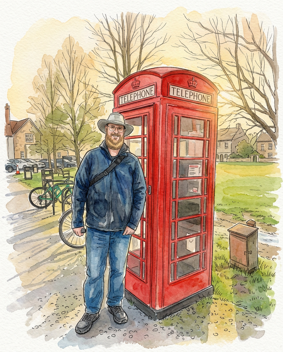The red phone box, painted in watercolor