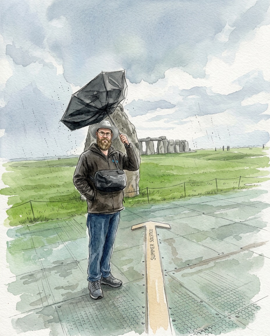Watercolor illustration of a traveler in an adventure hat beneath a windblown umbrella at Stonehenge
