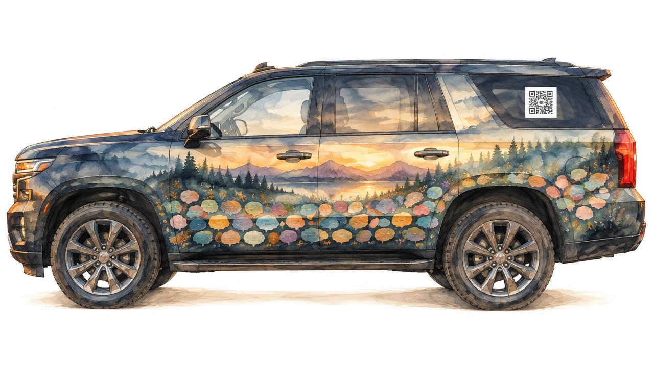 Watercolor of the wrapped truck with painted names along the side