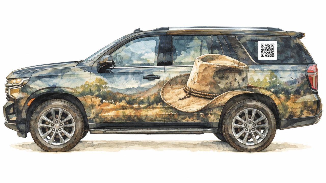 Watercolor of the wrapped Yukon XL, giving side, with a code to scan